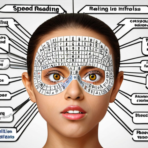 Home 11 **Visual Techniques:** A mind map diagram with "Speed Reading" at the center. Branches include "Eliminating Subvocalization," depicted with a silenced mouth; "Reading Word Blocks," visualized as eyes scanning multiple words; and "Visual Exercises," showing eyes doing tracking exercises. Use bright colors and engaging icons.