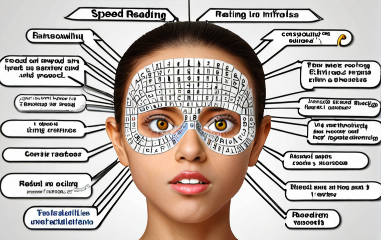 **Visual Techniques:** A mind map diagram with "Speed Reading" at the center. Branches include "Eliminating Subvocalization," depicted with a silenced mouth; "Reading Word Blocks," visualized as eyes scanning multiple words; and "Visual Exercises," showing eyes doing tracking exercises. Use bright colors and engaging icons.